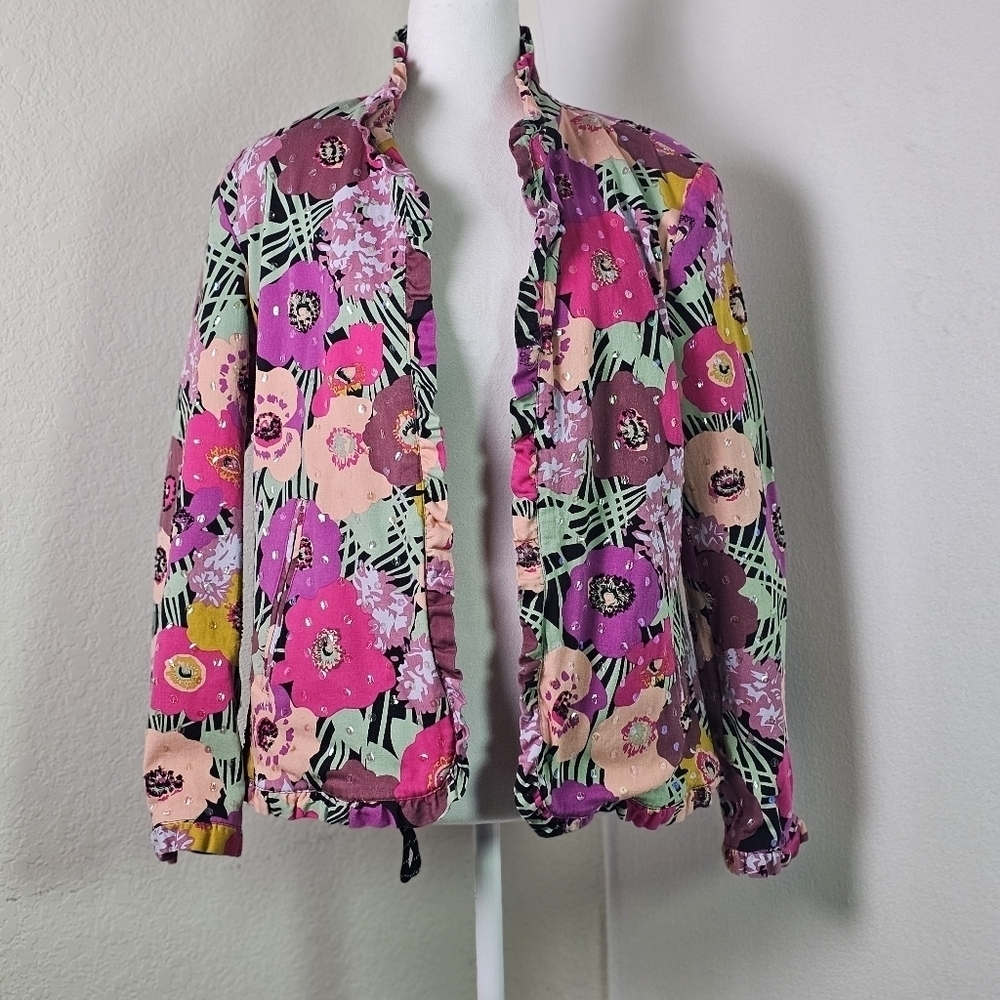 Vtg Redd Jeans Jacket Sz 8 Sequin Beaded Multi Color Floral Ruffle Trim,Y2k,Art